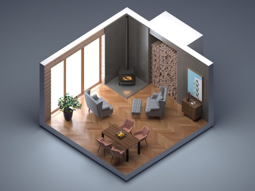 3D-rendered modern living and dining room with wood-burning fireplace, herringbone wood floors, pastel dining chairs, and cozy lounge seating, designed by SKDesignz interior studio.