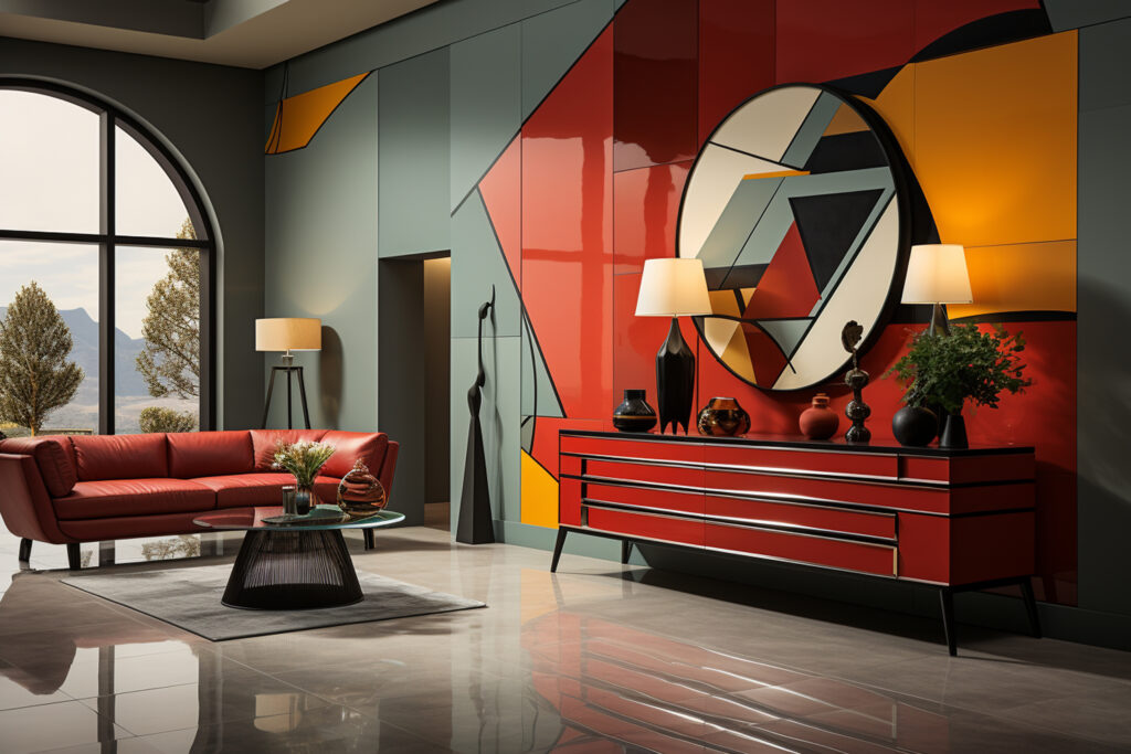 Striking contemporary living room with bold geometric wall art, glossy red sideboard, modern circular mirror, red leather sofa, and panoramic arched window, designed by SKDesignz interior design studio.